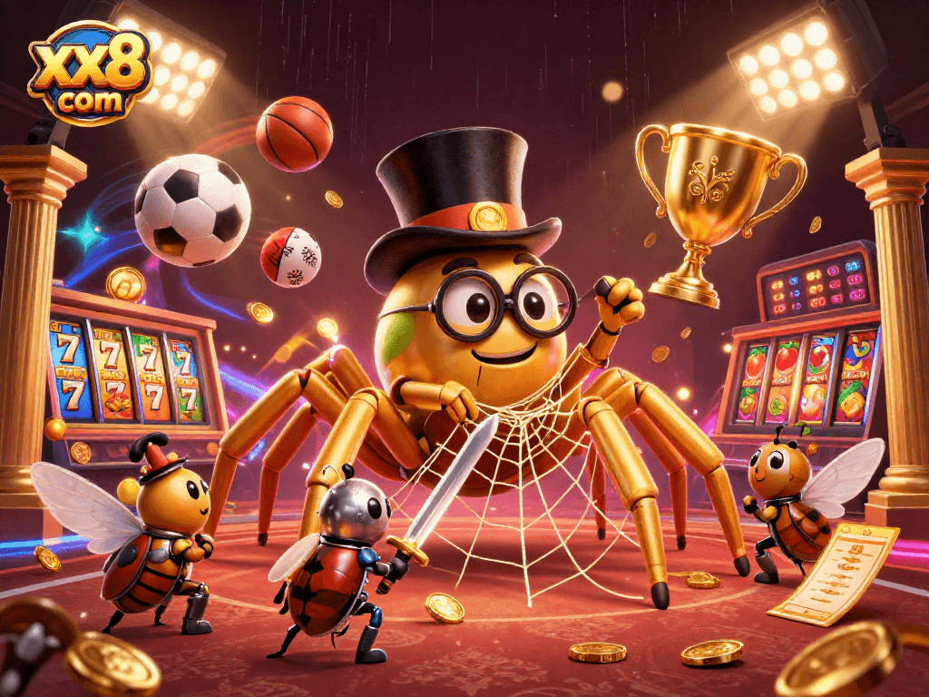 Engage with exciting elements at xx8 com featuring a golden tarantula and sports themes.