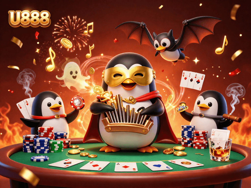 U888 showcases a penguin playing an organ spilling golden coins amidst poker excitement.