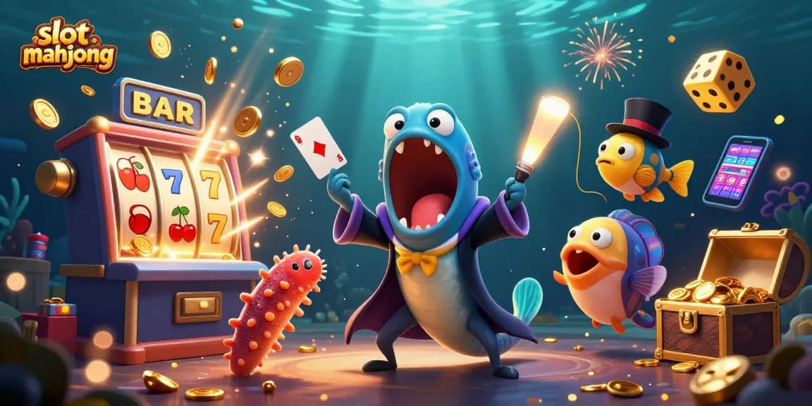 Engage in slot mahjong excitement with a magical underwater scene full of vibrant casino elements and characters.