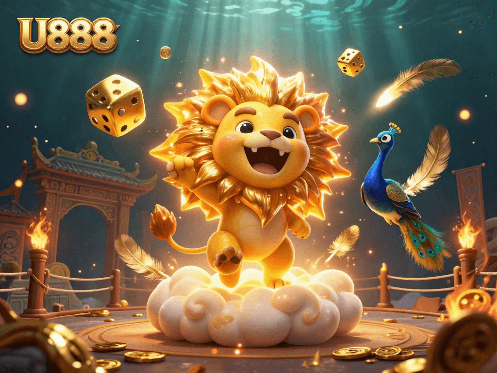Engage with U888's thrilling casino adventure featuring a roaring sun lion and golden dice.