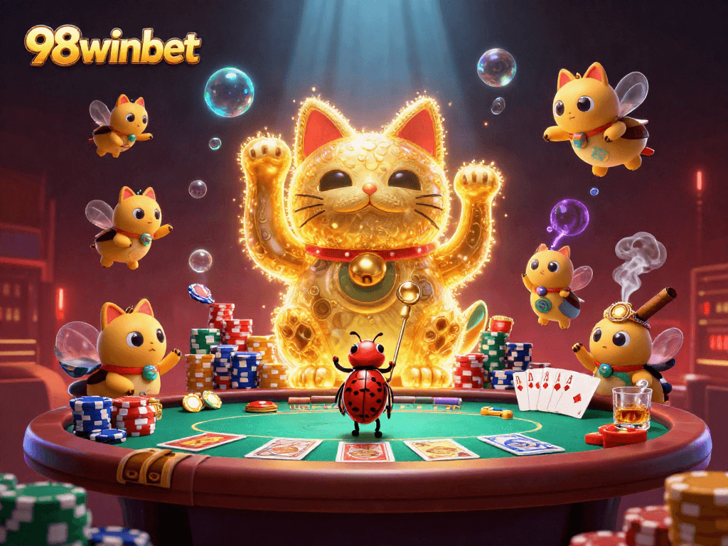 Engage with 98winbet's vibrant 3D illustration showcasing a lucky cat and poker scene.