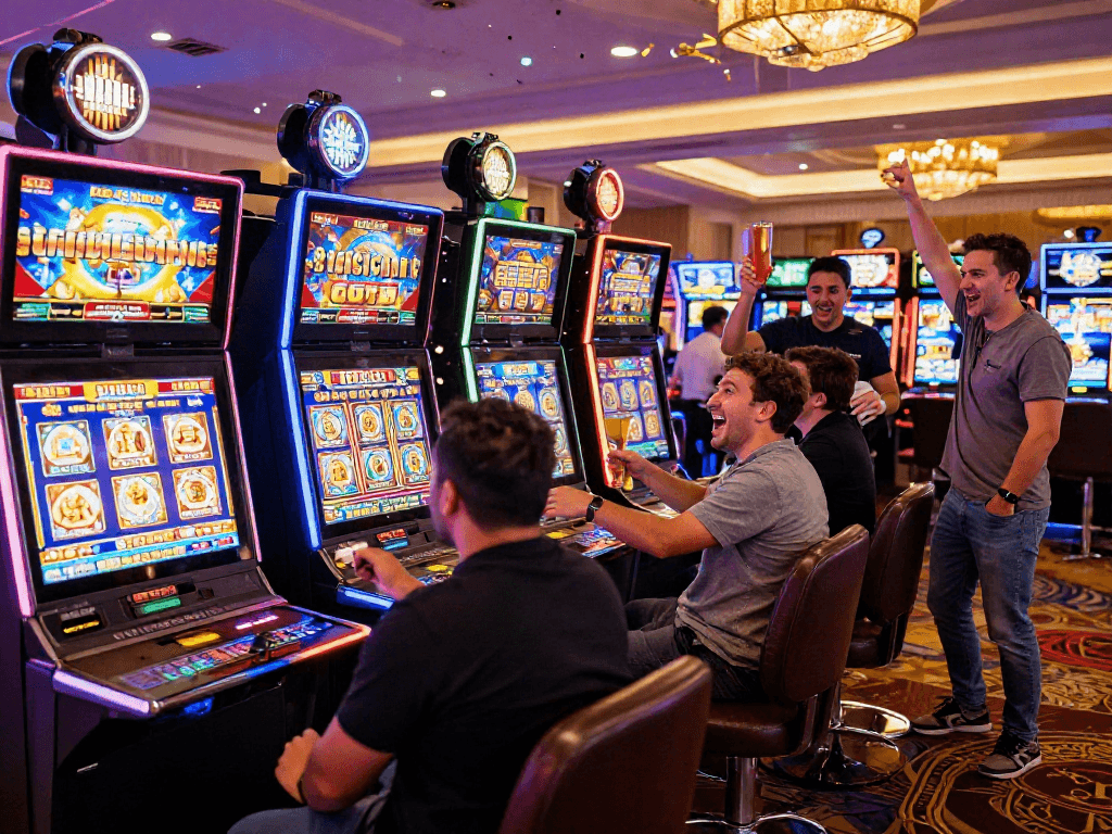 Players celebrating a slot jackpot win in a vibrant casino gaming floor.