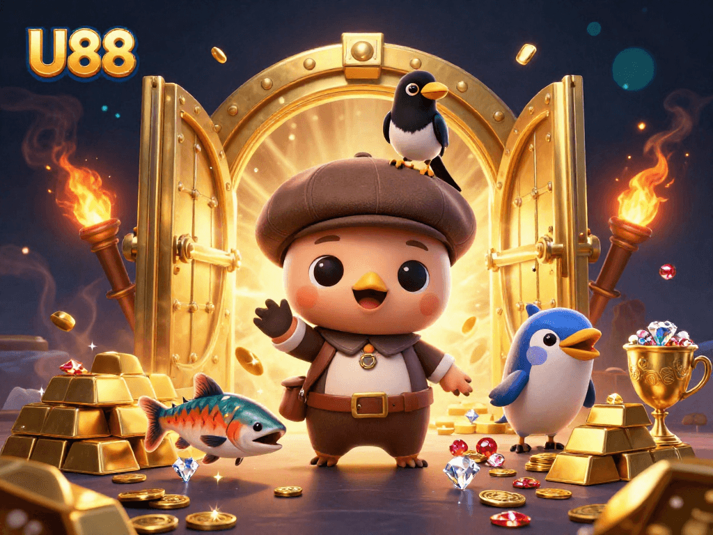 U88 players can win big exploring vibrant slots and treasures in a 3D cartoon scene.