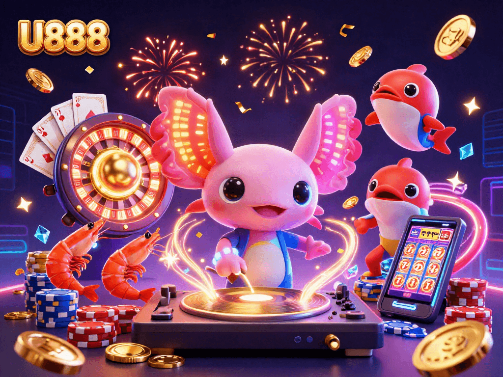 Engage with U888's vibrant casino scene featuring animated axolotl DJ and dynamic gaming elements.