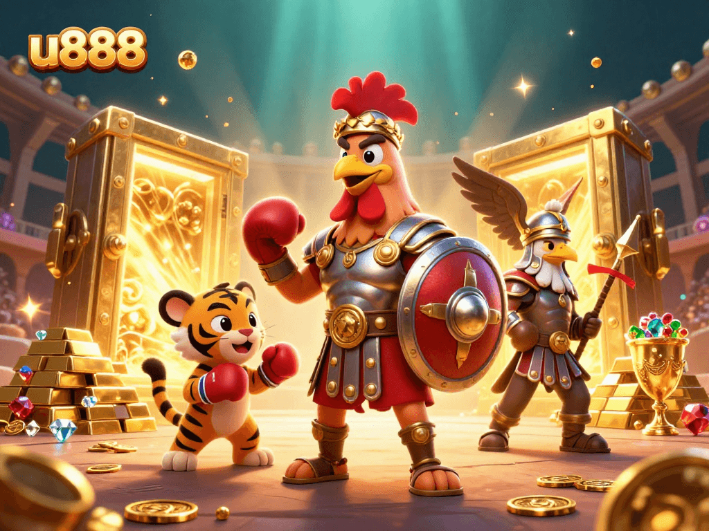 Engage with u888 and witness thrilling action as a gladiator rooster battles in a vibrant casino arena.