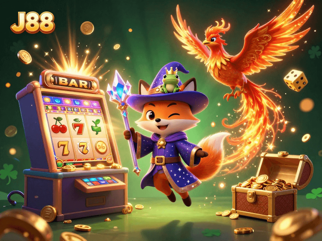 Experience the magical journey of J88 with a mystical wizarding world filled with slot machines and golden treasures.