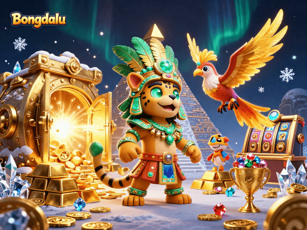 Bongdalu showcases an exciting dynamic scene featuring Mayan characters amidst slot games and golden treasures.