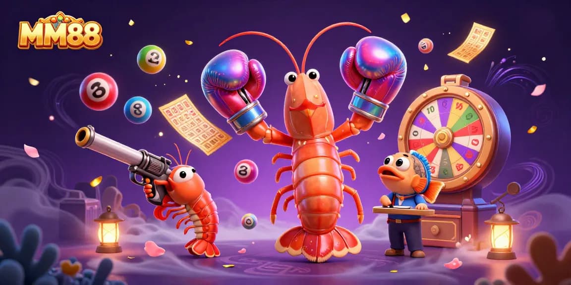 Play games with MM88's vibrant lottery atmosphere featuring colorful balls and energetic characters.