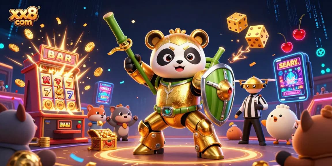 Experience the excitement at xx8 com with a dynamic scene of a mech-suit panda in a lively casino arena.