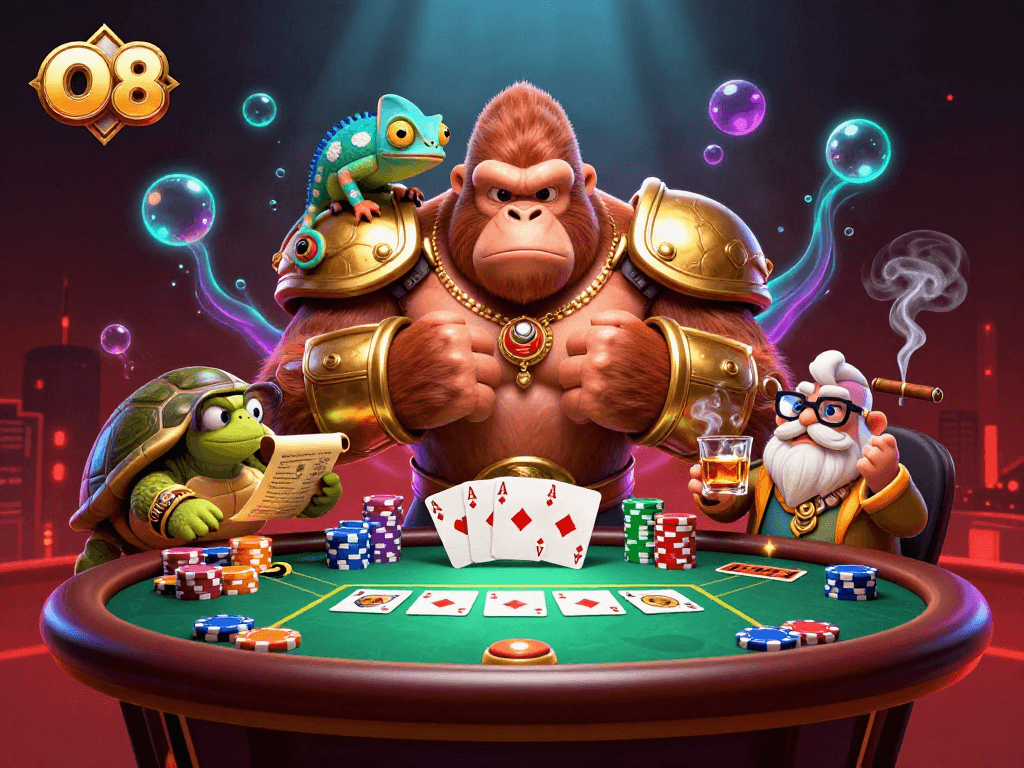 O8 immersive casino experience with a powerful gorilla in armor and poker elements