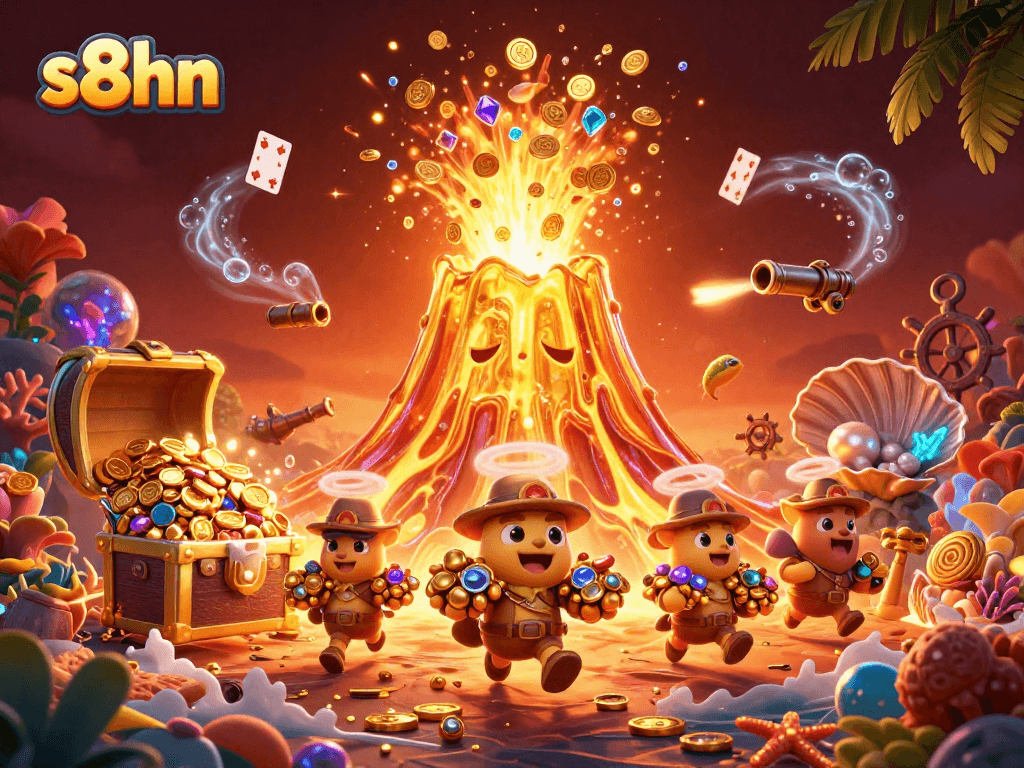 Spin the reels of fortune at S8hn as treasure flows from the volcano amidst vibrant casino elements.