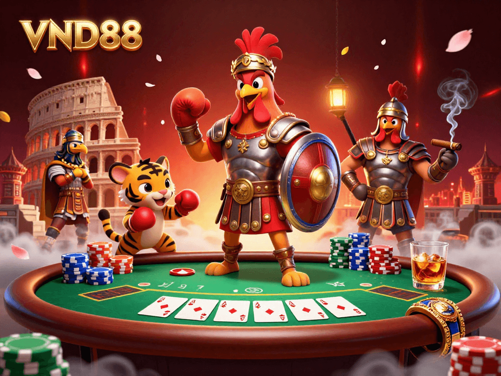 Experience the excitement of VND88 with a dynamic poker scene featuring a 3D rooster gladiator.