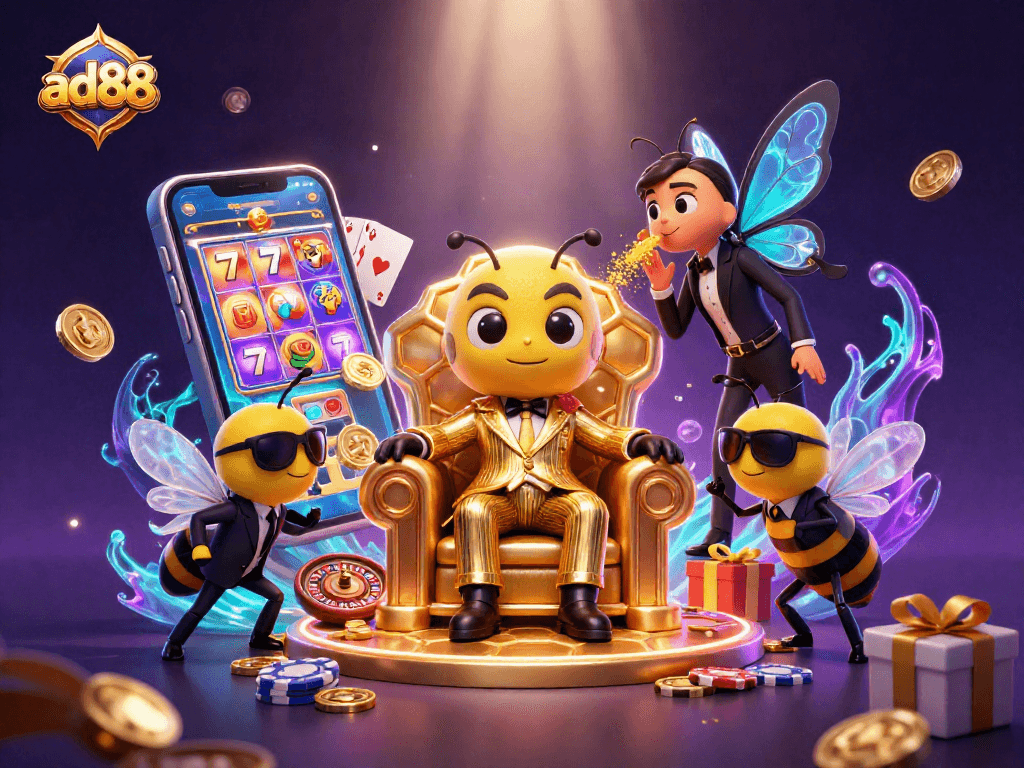 Experience the excitement of ad88 with vibrant slot games and high-stakes action in a colorful casino scene.