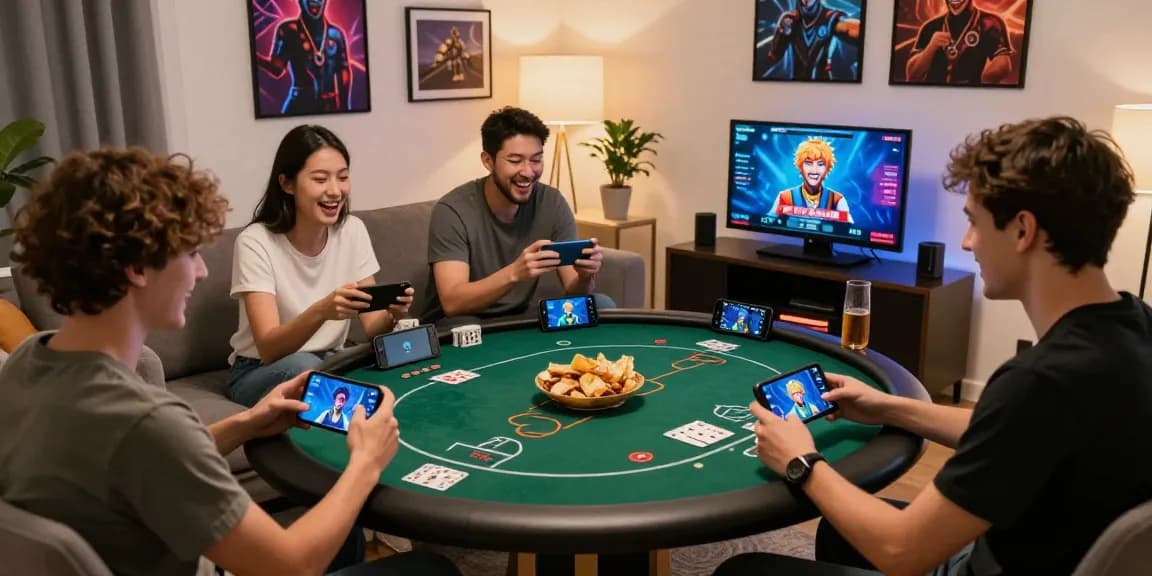 Friends enjoying an exciting poker game on JuraganQQ, showcasing vibrant digital interaction and cozy atmosphere.