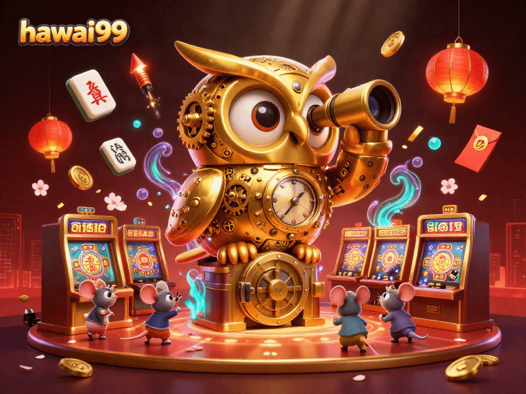 Experience hawai99's thrilling casino adventure with a majestic clockwork owl and lively gaming elements.