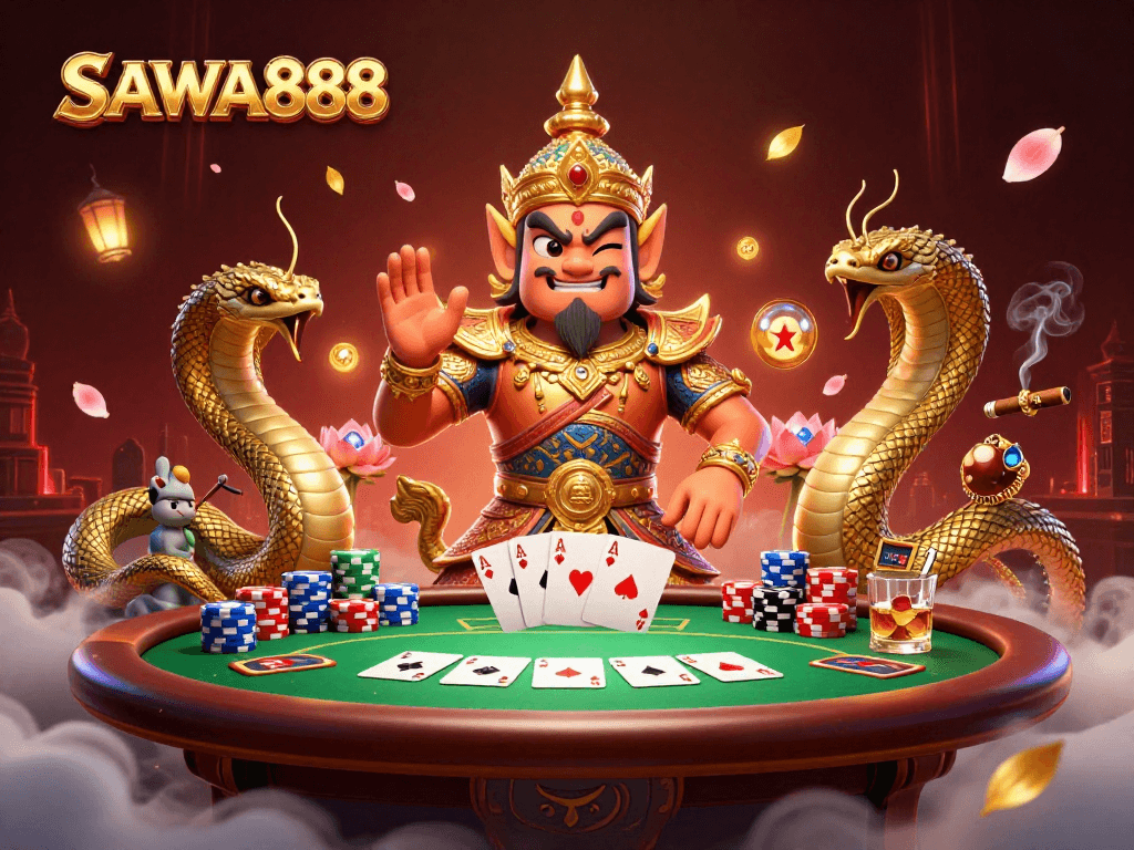 SAWA888 creates a vibrant scene filled with gaming action at a Thai temple, showcasing thrilling poker elements and festive decorations.