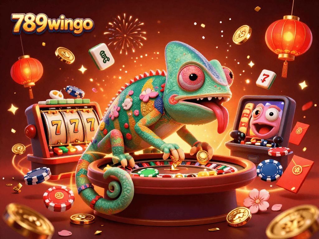 Experience vibrant gaming at 789wingo with a lively chameleon casino owner surrounded by festive elements.