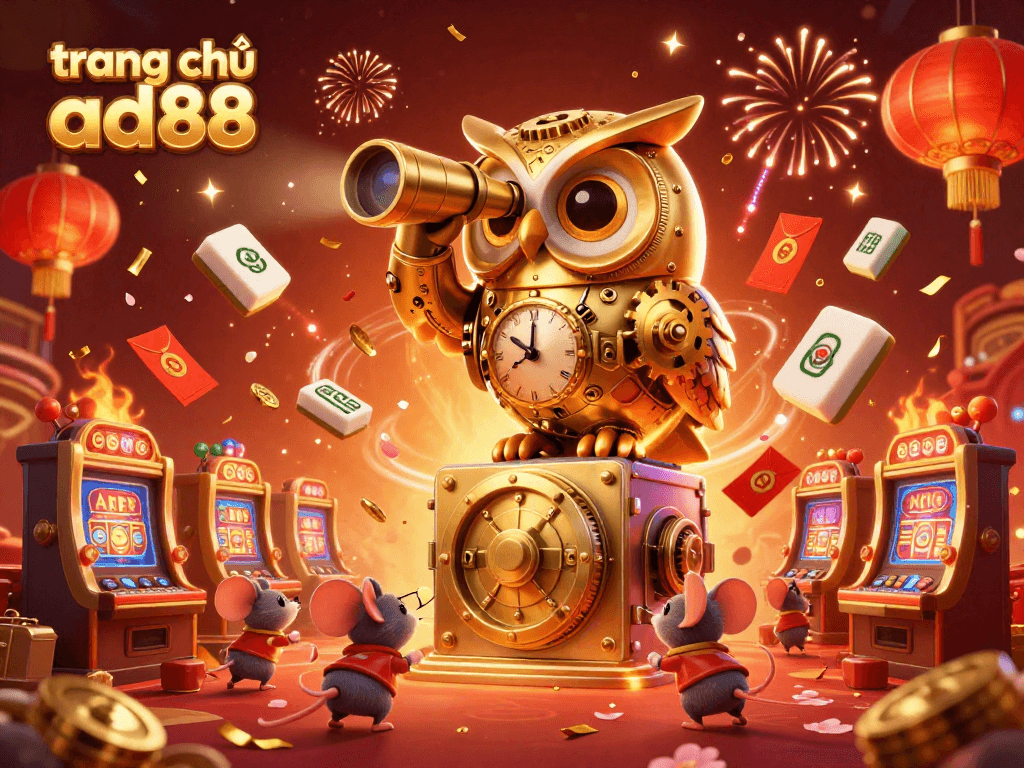 Engage with the vibrant scene showcasing trang chủ ad88, featuring a golden owl scanning the casino floor filled with lively elements.