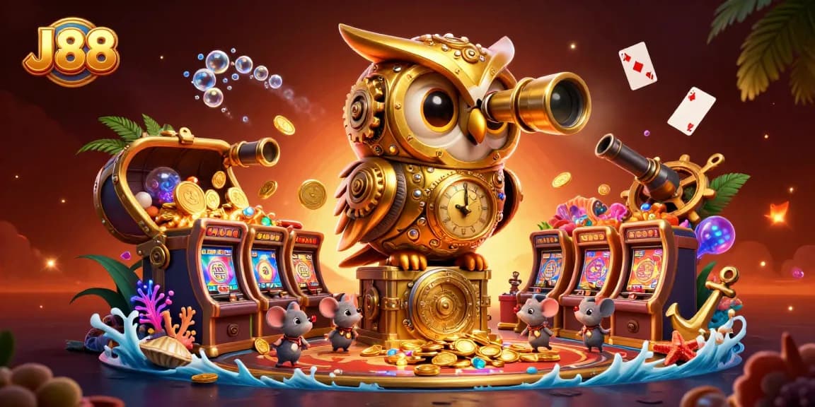 Experience the excitement at J88 casino with golden owl amidst slot machines and treasure.