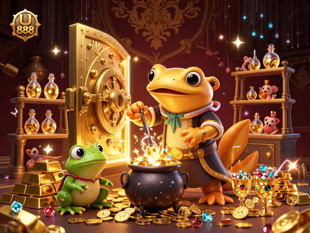 Experience winning strategies with U 888 in a vivid scene of gold coins and characters.