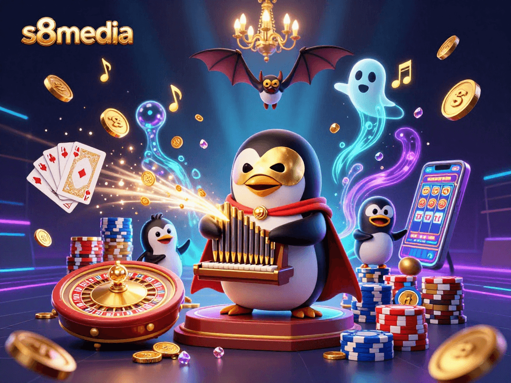 Win big with s8media in this vibrant, interactive casino scene featuring dynamic characters and games.