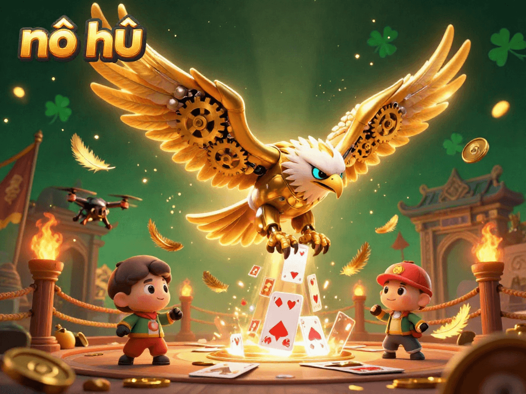 Engage in nổ hũ with a dynamic scene of a golden eagle diving among holographic cards, rich casino elements.