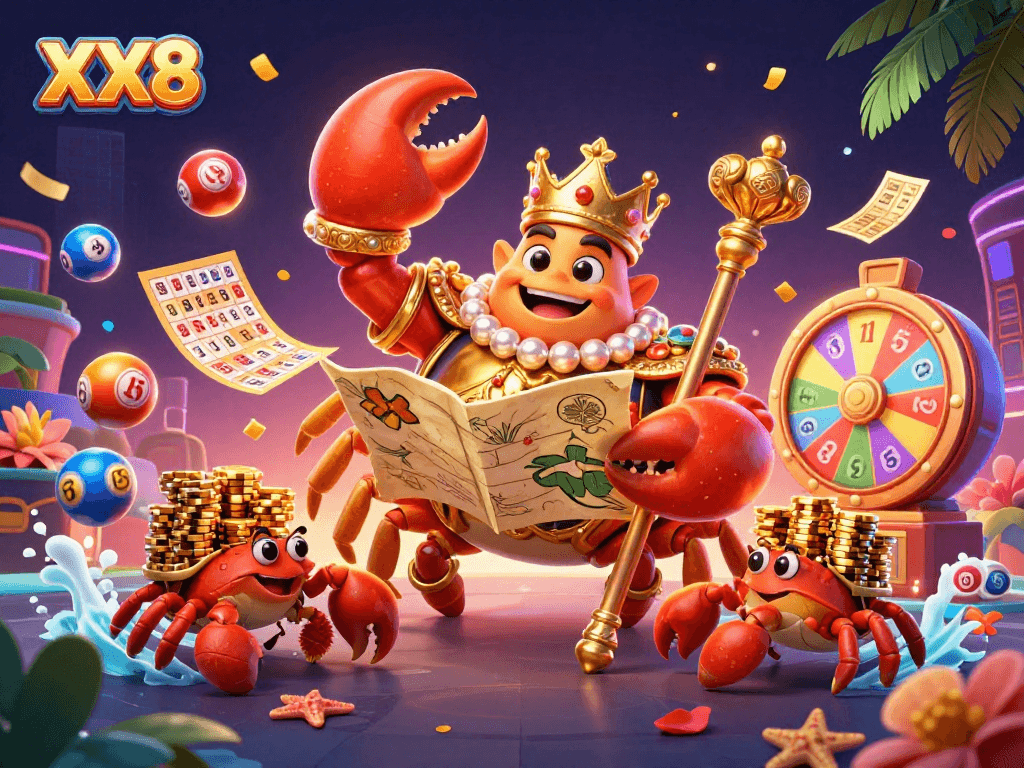 Experience captivating casino fun with XX8's golden crab emperor amidst colorful lottery excitement.