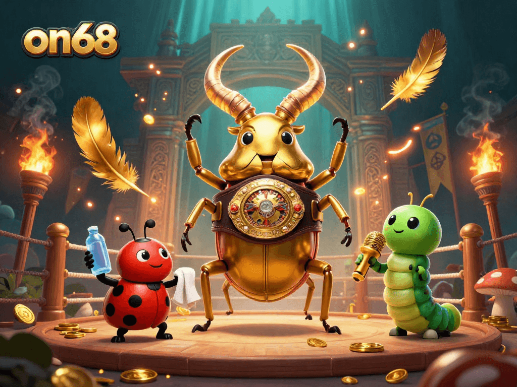 Engage with on68 through dynamic 3D scene featuring a golden stag beetle boxing champion amidst casino elements.