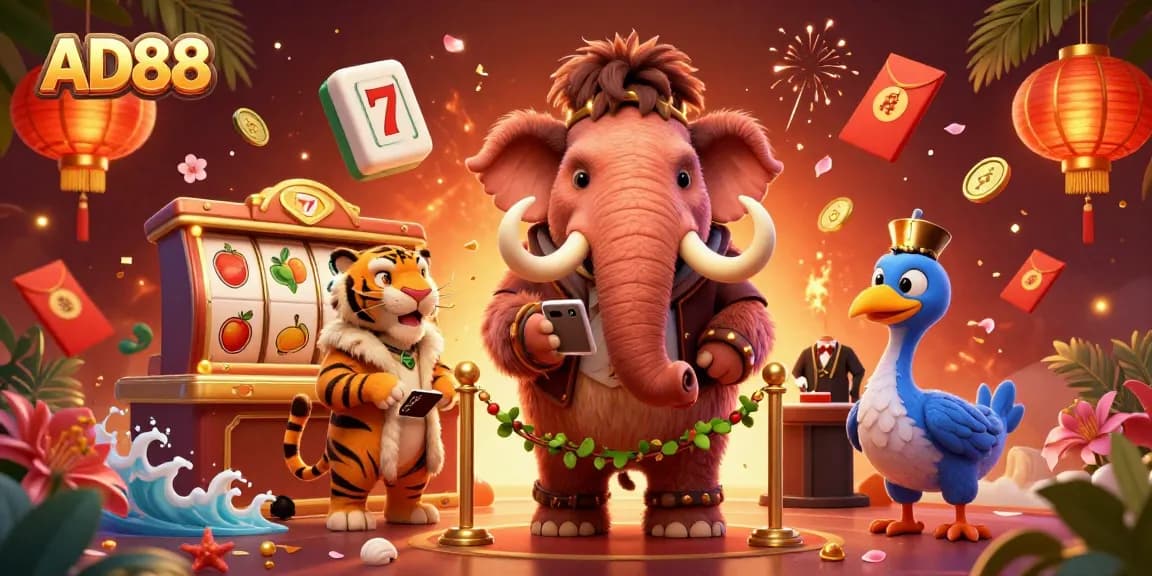 Engage with AD88's lively casino atmosphere featuring a playful woolly mammoth bouncer, VIP saber-tooth tiger, and dodo doorman.