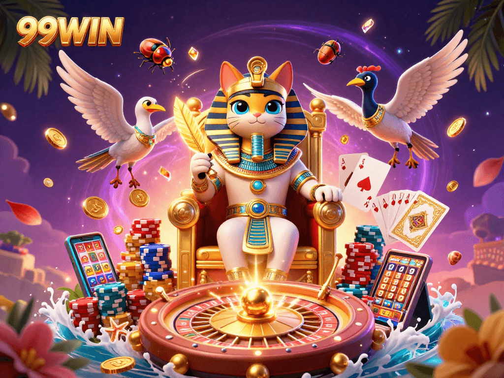 Experience the thrill of winning at 99WIN with vibrant casino characters and dynamic gaming elements.