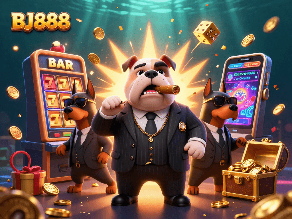 BJ888 casino scene with a mafia boss bulldog and Doberman bodyguards amidst dynamic slot machine action and glowing treasures.