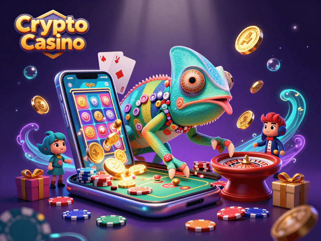 Experience dynamic action at a Crypto Casino with a chameleon owner capturing coins and excitement.
