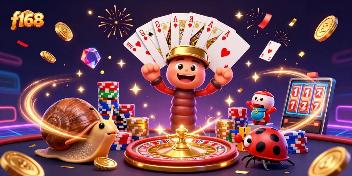 Experience the excitement of f168 with vibrant casino characters, cards, and chips flying in celebration.