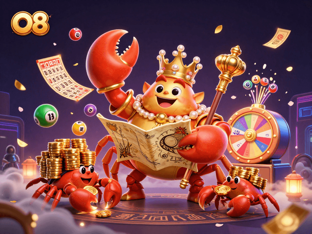 Join the vibrant gaming adventure with O8's golden crab emperor surrounded by exciting casino elements.