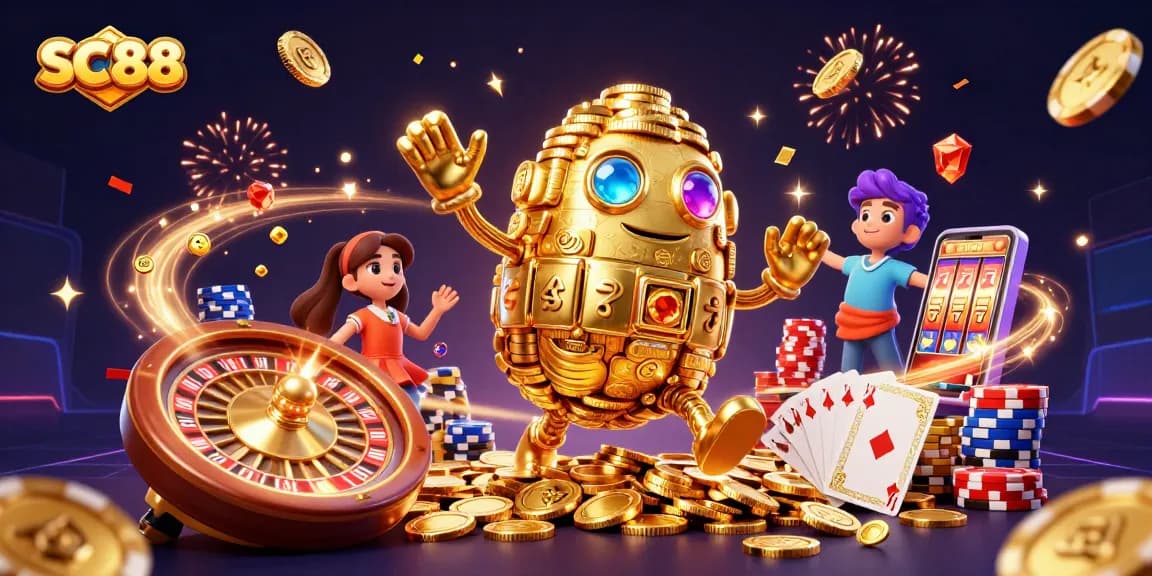 Engage in thrilling gaming with SC88's dynamic casino experience featuring a golden golem and vibrant elements.