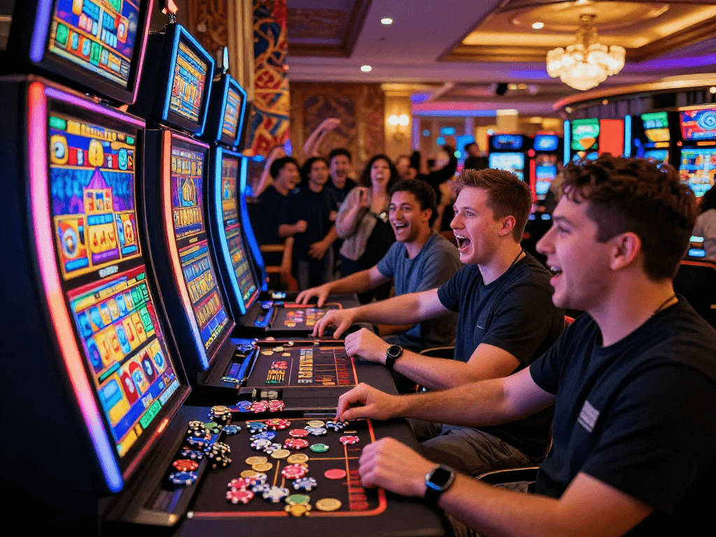 Players celebrating a big win at a vibrant casino, highlighting the thrill of the slot jackpot.