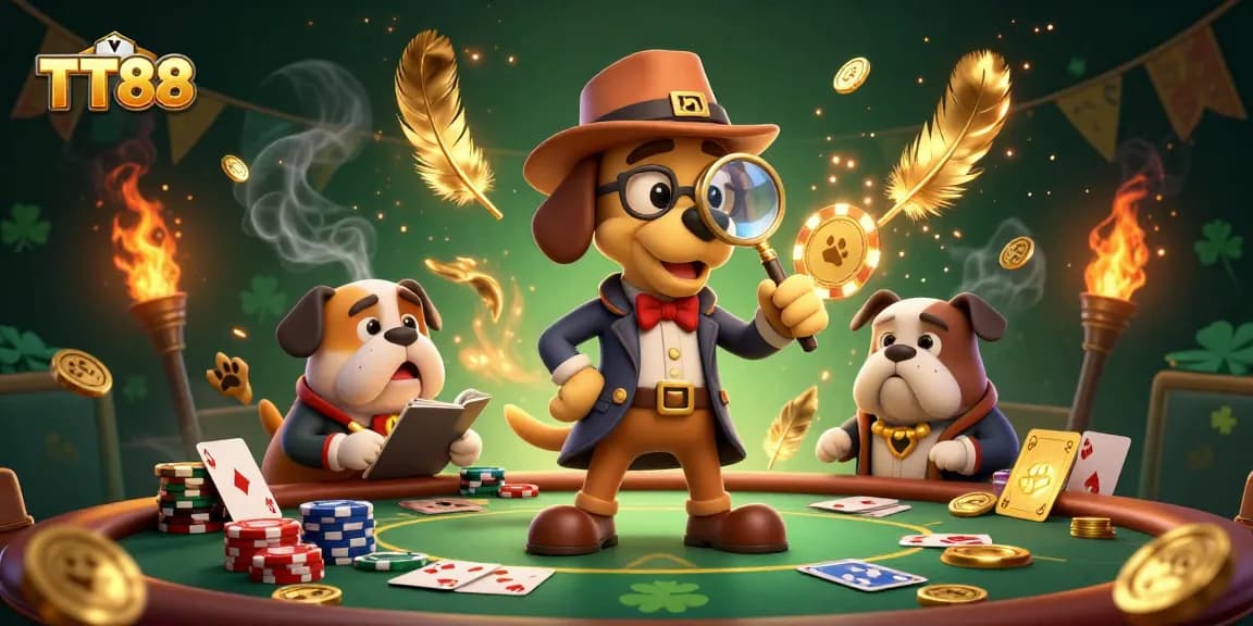TT88 detective theme with poker clues, showcasing engaging casino elements for players.