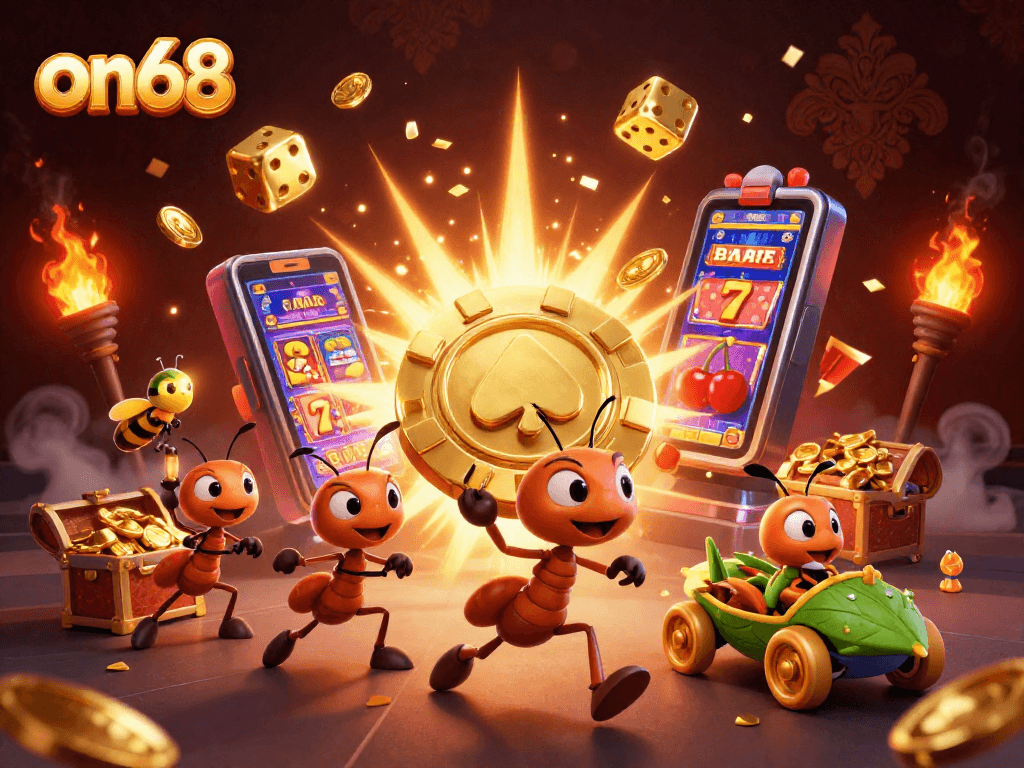 Experience thrilling moments at on68 with ants racing away with a giant golden poker chip!