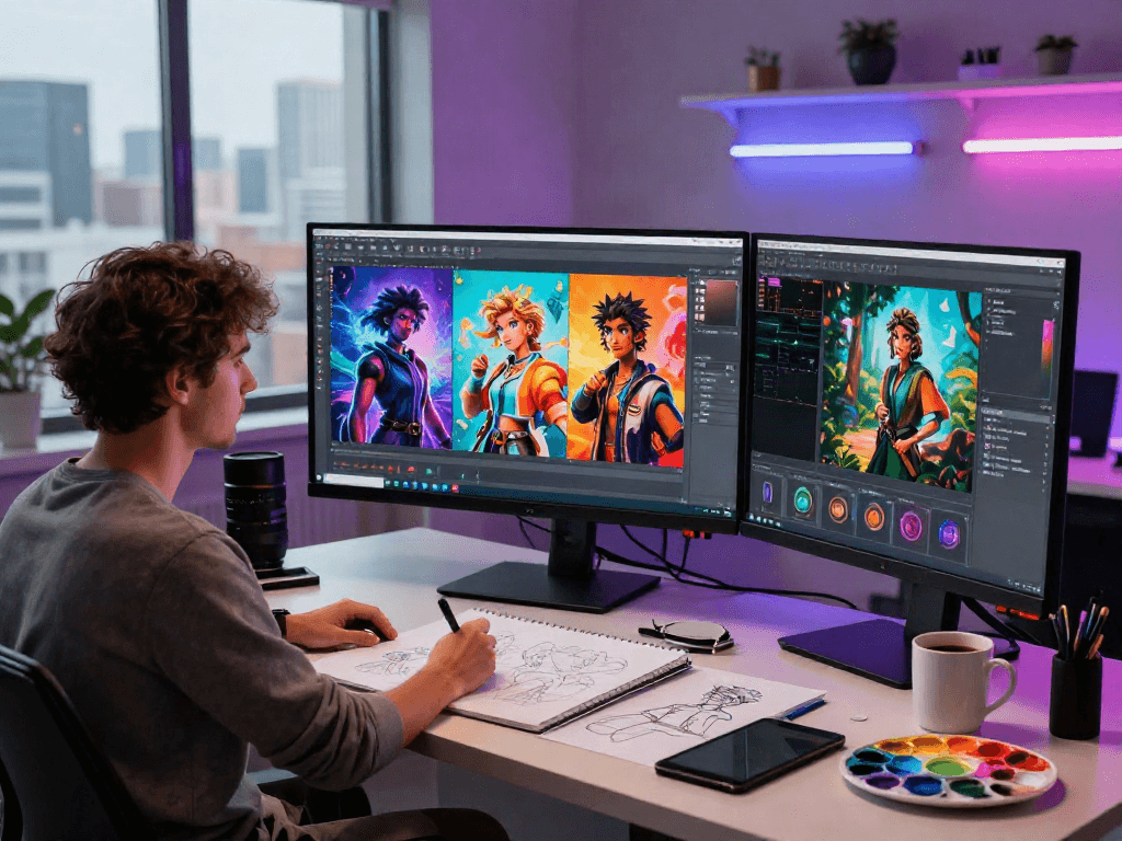 Dynamic nsfw AI art creation scene in a vibrant digital studio with character designs and artistic tools.