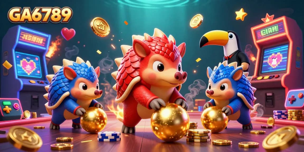 GA6789 features rival pangolins competing in a vibrant casino game scene, showcasing excitement.