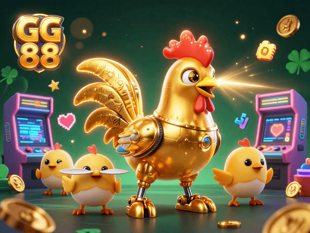 Engage in GG 88's dynamic casino gaming with a futuristic golden rooster robot and baby chick drones.
