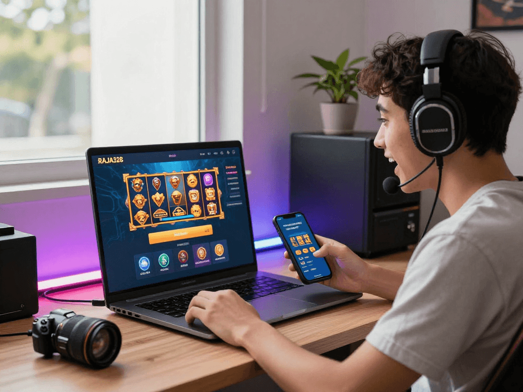 Excited player accessing raja 328 online gaming portal on laptop