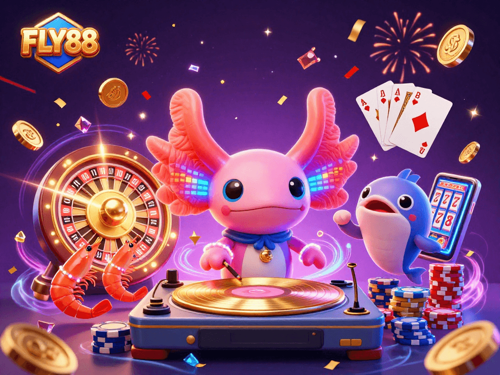 FLY88 players spinning golden reels with vibrant cartoon characters in a dynamic casino scene.