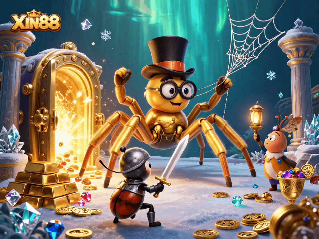XIN88 invites excitement with a giant golden tarantula and a beetle knight amidst shimmering casino treasures.