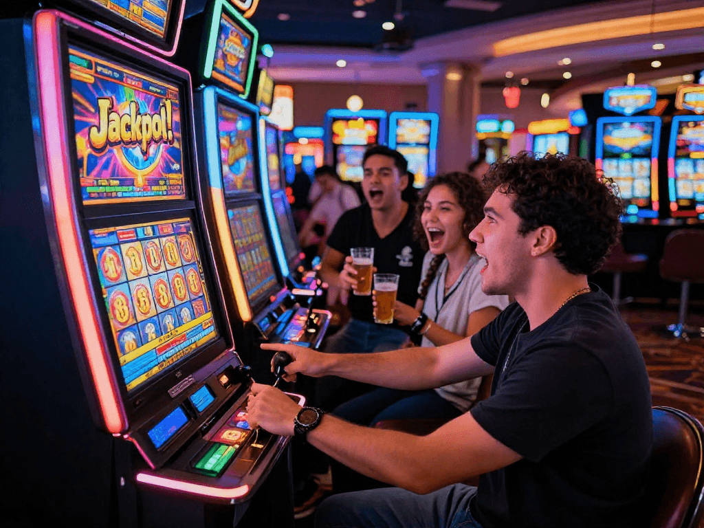 Player celebrating a slot jackpot victory in a lively casino environment.