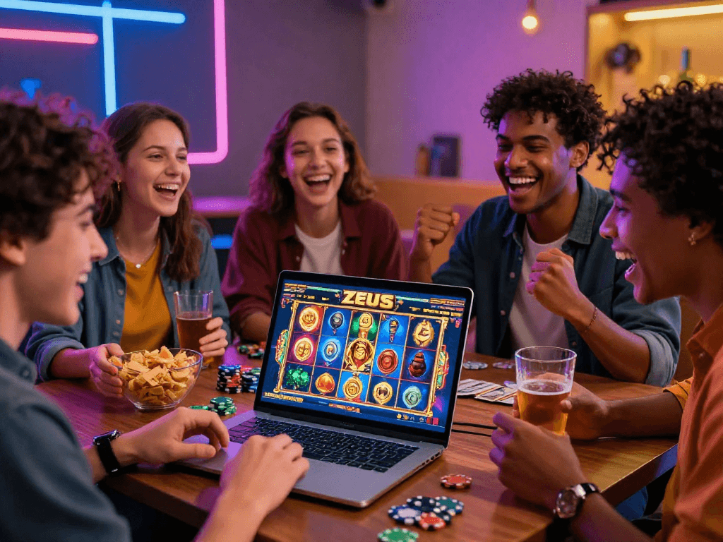 A group of friends enjoying the zeus slot game on a laptop in a vibrant home setting, showcasing excitement and camaraderie.
