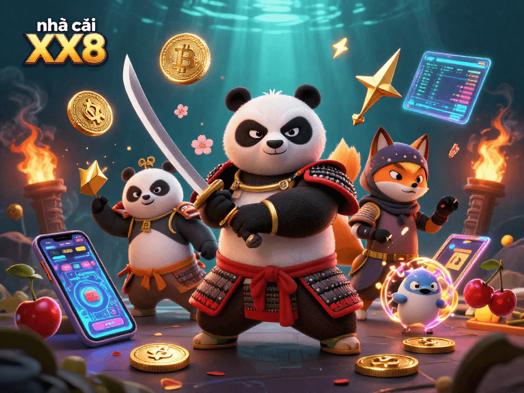 Experience the excitement of nhà cái XX8 with a vibrant 3D scene featuring samurai panda and ninja fox!