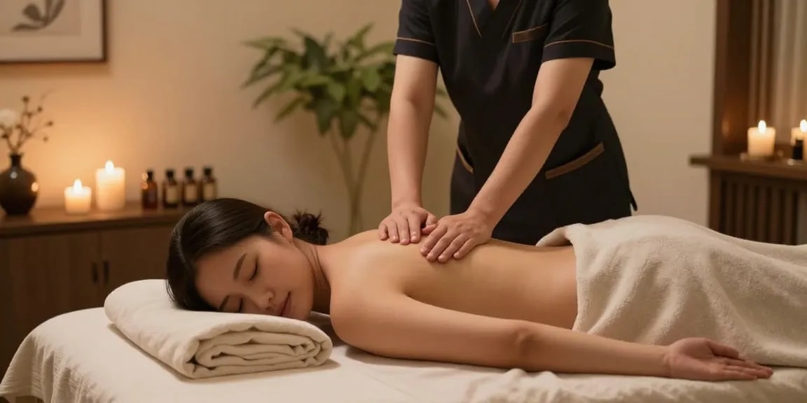 마포출장안마 service in a serene ambiance with professional massage therapist, calming environment, and soothing elements.