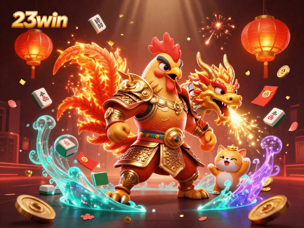Experience thrilling gaming at 23win with a vibrant 3D illustration of epic characters and casino elements.