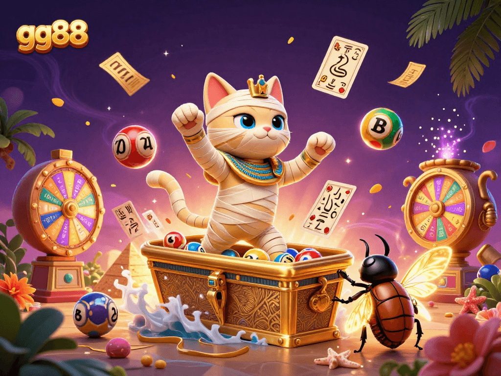 Play exciting games at gg88, with a vibrant scene of a mummy cat and casino elements.